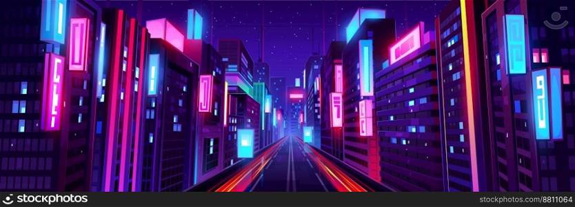 City street with houses and buildings with glowing windows at night, perspective view. Cityscape with road, houses, store and skyscrapers with neon signboards, vector panoramic cartoon illustration. City street with road and houses at night