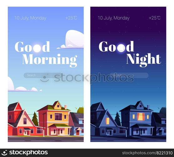 City street with houses at night and morning. Vector template for mobile phone screensaver with time and weather. Smartphone background theme with cartoon cityscape. Phone screensaver with morning and night city