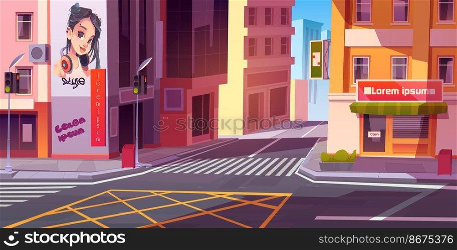 City street with houses, road with pedestrian crosswalk, traffic lights and store front with banner. Vector cartoon cityscape, urban landscape with residential buildings and shops. City street with houses and scooter on road