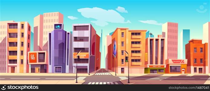 City street with houses, road with pedestrian crosswalk, traffic lights and street lights. Vector cartoon background with cityscape, urban landscape with residential buildings, office and shops. City street with houses, shops and road