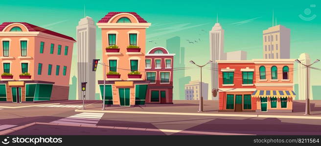 City street with houses, road with pedestrian crosswalk, traffic lights and street lights. Vector cartoon background with cityscape, urban landscape. Illustration of town residential area. City street with houses and road