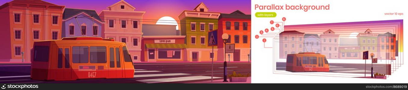 City street with houses, tram and empty road with pedestrian crosswalk at sunset. Vector parallax background for 2d animation with cartoon illustration of evening town with tramway and buildings. Parallax background with city and tram at sunset