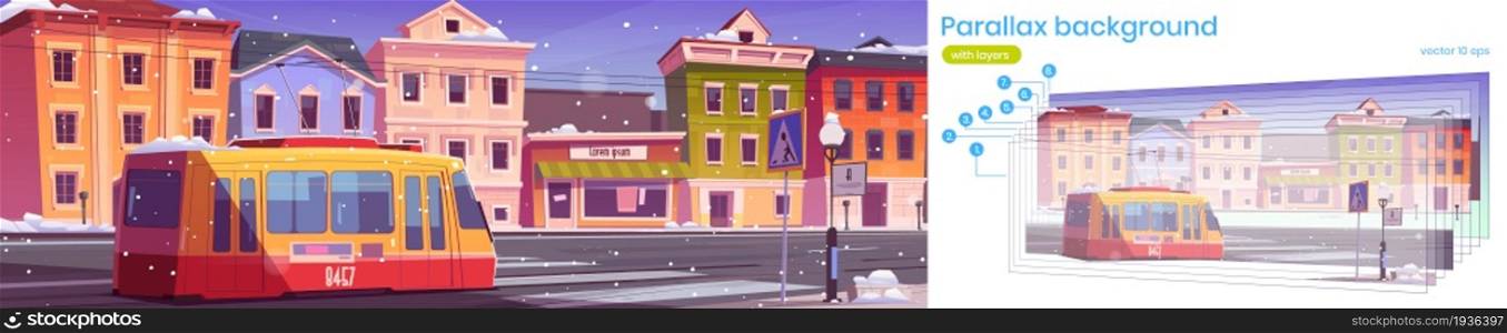 City street with houses, tram and empty road with pedestrian crosswalk in winter. Vector parallax background for 2d animation with cartoon illustration of town with tramway, buildings and snow. Parallax background with winter city and tram