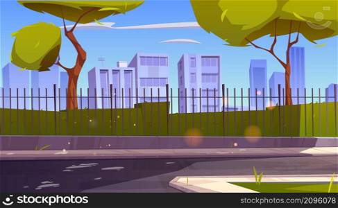 City street with park and buildings behind fence. Vector cartoon illustration of summer landscape with road, sidewalk, green bushes and trees and houses on horizon. City street with park and buildings behind fence