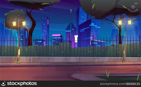 City street with park and buildings behind fence at night. Vector cartoon illustration of summer landscape with road, street lights, trees, bushes and skyscrapers on horizon. City street with park behind fence at night