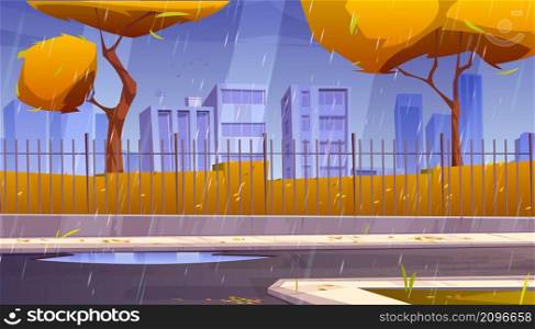 City street with park and buildings behind fence in rain. Vector cartoon illustration of autumn landscape with road, sidewalk, orange bushes and trees and houses on horizon at rainy weather. City street with autumn park behind fence in rain