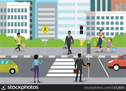 city street with pedestrian crossing and traffic lights,different people walk and stand,cars on road,flat vector illustration. different people walk and stand,cars on road