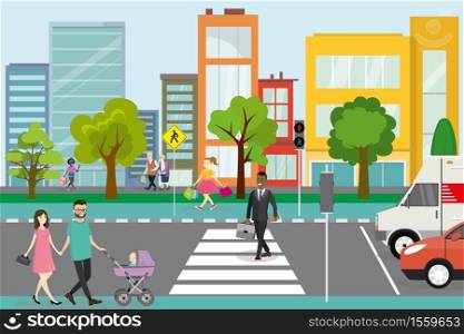 City street with pedestrians and road with transport,different people go and stand,urban life concept,outdoor flat vector illustration. City street with pedestrians and road with transport,
