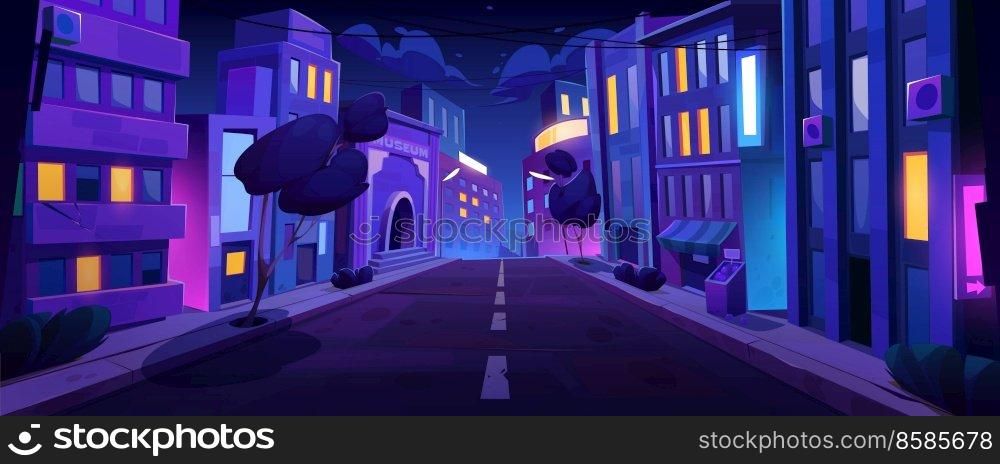 City street with road at night time, empty transport highway with walkway, trees and glowing buildings perspective view. Urban architecture, megalopolis infrastructure Cartoon vector illustration. City street with road at night time, empty highway