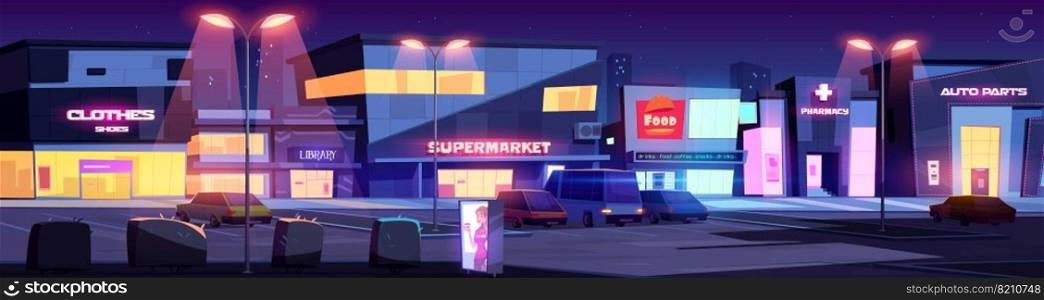 City street with shops and commercial buildings at night. Vector cartoon cityscape with cafe, library, pharmacy, supermarket and parking with cars lit by street lights. Evening town with stores. City street with shops and parking at night