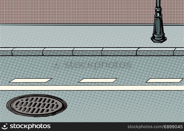 City street with sidewalk and manhole. Pop art retro vector illustration. City street with sidewalk and manhole