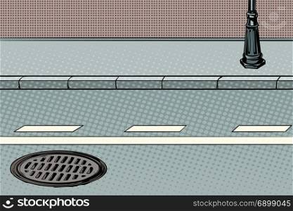City street with sidewalk and manhole. Pop art retro vector illustration. City street with sidewalk and manhole