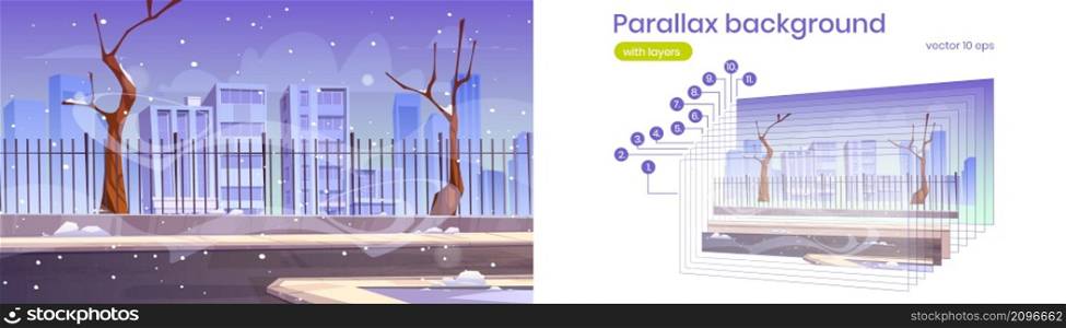 City street with snow, sidewalk and buildings behind fence. Vector parallax background for 2d animation with cartoon winter landscape with road, bare trees, snowfall and houses on horizon. Parallax background with city street with snow