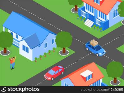 City Streets Neighboring Houses Cartoon Flat. Layout Residential Area with Houses, Top View. Man and Woman Walk on Lawn Near House. Real Estate in Countryside Environmentally Friendly Part City.