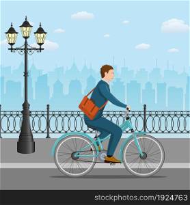 City style businessman with bag riding bicycle the streets of the city. Bike to work poster. Including beautiful european cityscape background.. Businessman Riding a Bicycle.