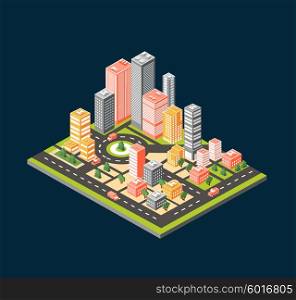 City style flat. Vector isometric city center on the map with lots of buildings, skyscrapers, factories, and parks. Picture in style flat