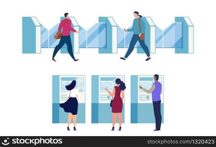 City Subway, Metropolis Metropolitan Station Entrance Equipment Flat Vector. Female and Male Passengers Going Through Rapid Transit Tourniquets, People Buying Tickets in Ticket Terminal Illustration