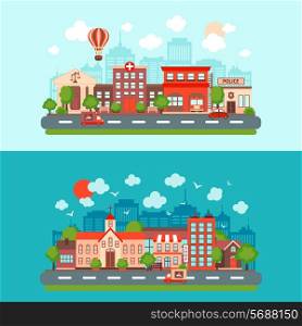 City summer street urban town scape abstract set light and dark background isolated vector illustration