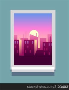 City sunrise in window frame. Looking outside landscape. Vector illustration. City sunrise in window frame. Looking outside landscape