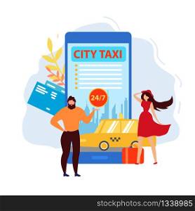 City Taxi Application Flat Cartoon Banner Vector Illustration. Ordering Car Online Using Mobile Phone App. Ordering Service.Yellow Vehicle. Woman in Dress with Suitcase Waiting for Driver.
