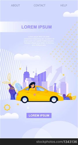 City Taxi Smart Mobile App. Yellow Car on Cityscape. Flat Illustration. Woman Character in Vehicle. Urban Landscape with Cloud. Transportation Service Vertical Landing Page. Carsharing Solution.. City Taxi Mobile App. Yellow Car Flat Illustration