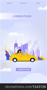 City Taxi Smart Mobile App. Yellow Car on Cityscape. Flat Illustration. Woman Character in Vehicle. Urban Landscape with Cloud. Transportation Service Vertical Landing Page. Carsharing Solution.. City Taxi Mobile App. Yellow Car Flat Illustration