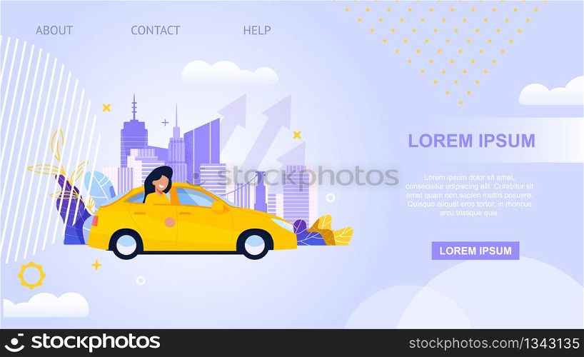 City Taxi Transport Landing Page. Carpool Service Illustration. Online Application for Rent Vehicle. Yellow Cab with Girl Character. Urban Cityscape and Transportation Solution. Modern Car Travel.. City Taxi Transport Landing Page. Carpool Service