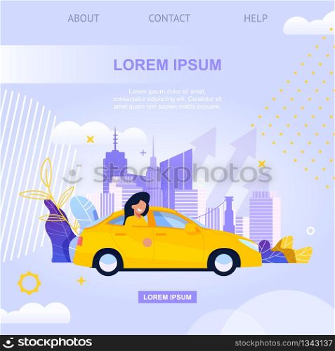 City Taxy Square Banner Flat Illustration. Urban Street Transportation Solution Service. Woman Cartoon Character on Back Sit of Sedan. Mobile Application landing Page for Cab Transport.. City Taxy Banner Flat Illustration. Smart Car Cab