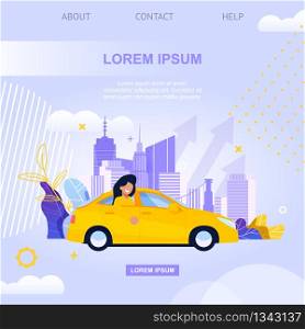 City Taxy Square Banner Flat Illustration. Urban Street Transportation Solution Service. Woman Cartoon Character on Back Sit of Sedan. Mobile Application landing Page for Cab Transport.. City Taxy Banner Flat Illustration. Smart Car Cab