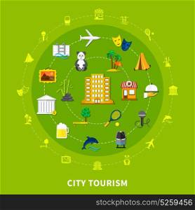 City Tourism Design Concept . City tourism design concept with landmarks museum exhibits national flora fauna and food round icons set flat vector illustration