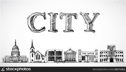 City town background with government church university museum doodle buildings in row vector illustration