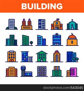 City, Town Buildings Linear Icons Vector Set. High Rise, Multi Storey Buildings, Skyscraper Facades Thin Line Illustrations Pack. Office Centers, Apartment Houses, Malls Outline Isolated Symbols. City, Town Buildings Linear Icons Vector Set
