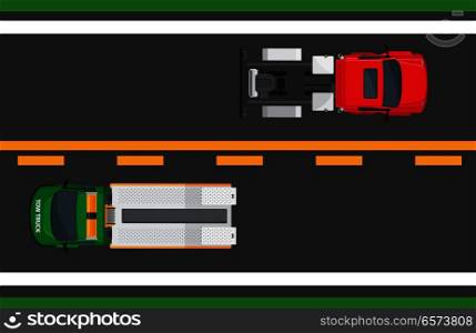 City traffic concept. Tractor truck and wrecker goes on opposite road lanes top view flat vector. Urban highway illustration for transport concepts and logistics infographics design. City Traffic Vector Concept with Cars On Highway