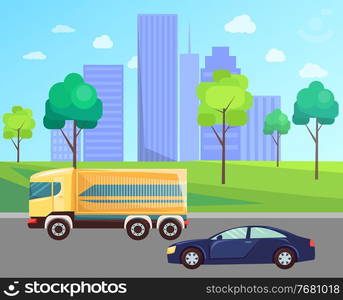 City transport, car and yellow truck on road. Highway with colorful vehicles. Urban landscape with modern infrastructure, skyscrapers and business centre vector. City Transport Car and Truck on Highway Vector