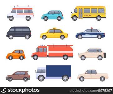 City transport cars. Urban car and vehicles, taxi, school bus, ambulance, fire engine, police and pickup truck. Flat automobile vector set. Isolated public cars for first aid transportation. City transport cars. Urban car and vehicles, taxi, school bus, ambulance, fire engine, police and pickup truck. Flat automobile vector set