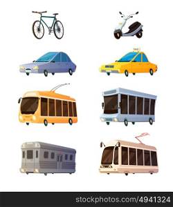 City Transport Flat Cartoon Icons. City transport retro cartoon icons set of bus tram trolley railcar bicycle yellow taxi flat images isolated vector illustration
