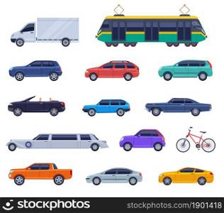 City transport flat icons. Auto cabrio, car bus objects design. Isolated smart vehicles, truck, tramway. Logistic and transportation exact vector set. Illustration auto car and transport vehicle. City transport flat icons. Auto cabrio, car bus objects design. Isolated smart vehicles, truck, tramway. Logistic and transportation exact vector set