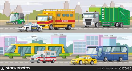 City transport horizontal banners with police taxi ambulance cars sweeper bus tram garbage and rescue trucks vector illustration. City Transport Horizontal Banners