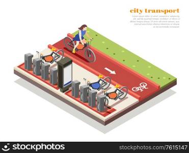 City transport isometric composition with bicycle rental spot and woman riding bike 3d vector illustration