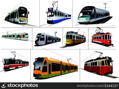 City transport. Ten kinds of Tram. Vintage and modern. Vector illustration