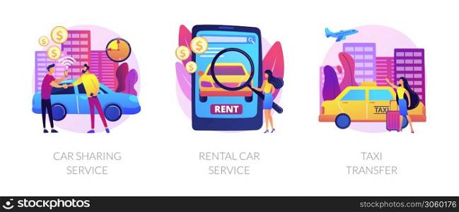 City transport usage. Rent a car agency. Sharing economy trends in urban traffic. Carsharing service, rental car service, taxi transfer metaphors. Vector isolated concept metaphor illustrations. Urban mobility vector concept metaphors