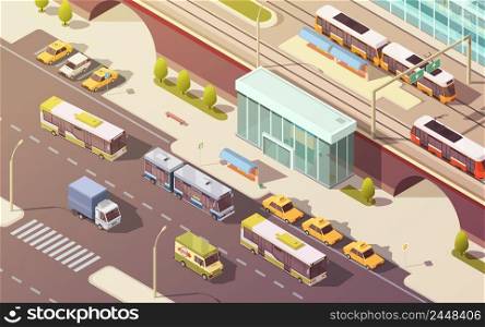 City transport with bike car bus and tram symbols isometric vector illustration . City Transport Isometric Illustration