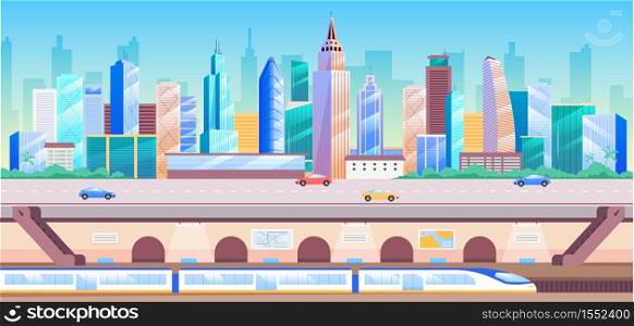 City transportation flat color vector illustration. Modern metropolis 2D cartoon cityscape with skyscrapers on background. Urban infrastructure, underground station with subway train below city street. City transportation flat color vector illustration