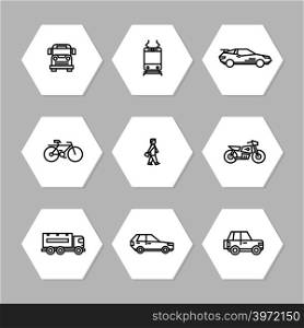 City transportation line icons set - cars, train, bus icons. Collection of linear transportation symbol. Vector illustration. City transportation line icons set - cars, train, bus icons