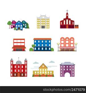 City urban buildings collection of different construction and architecture in flat style isolated vector illustration. City Urban Buildings Collection