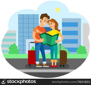 City urban territory exploration vector, couple reading map. Atlas in hands of man and woman with luggage arrived in new city, skyscrapers buildings. Couple Looking at Map Finding Their Way at Town