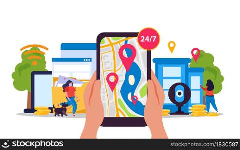 City video monitoring flat composition with wireless and location signs map on smartphone and human characters vector illustration. City Monitoring Flat Composition