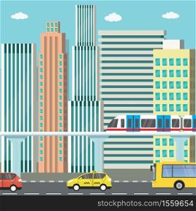 City view and different transport - cars,bus,subway.Flat vector illustration. City view and different transport - cars,bus,subway
