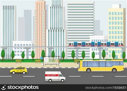 City view with skyscrapers on the background,public transport,empty street,flat vector illustration. City view with skyscrapers on the background,public transport,em