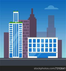 City view with two modern buildings, color card, vector illustration with white houses with blue windows, plants on roof, silhouettes of skyscrapers. City View with Two Modern Buildings, Color Card